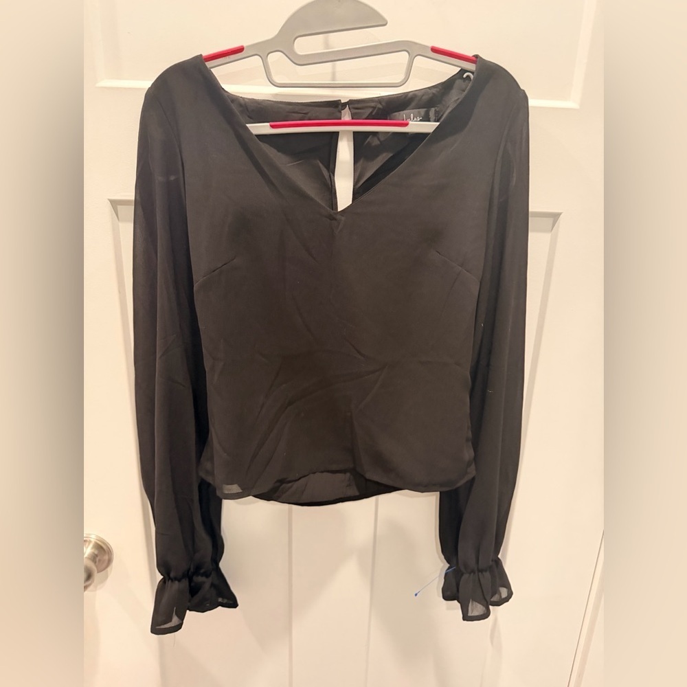 Lulus Black Sheer Blouse Long Sleeve V-Neck Romantic Top Made With Love SMALL